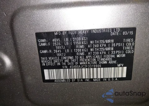 2015 Subaru Outback 2.5I Limited z USA, uszkodzony, nr VIN 4S4BSAJC2F3319906